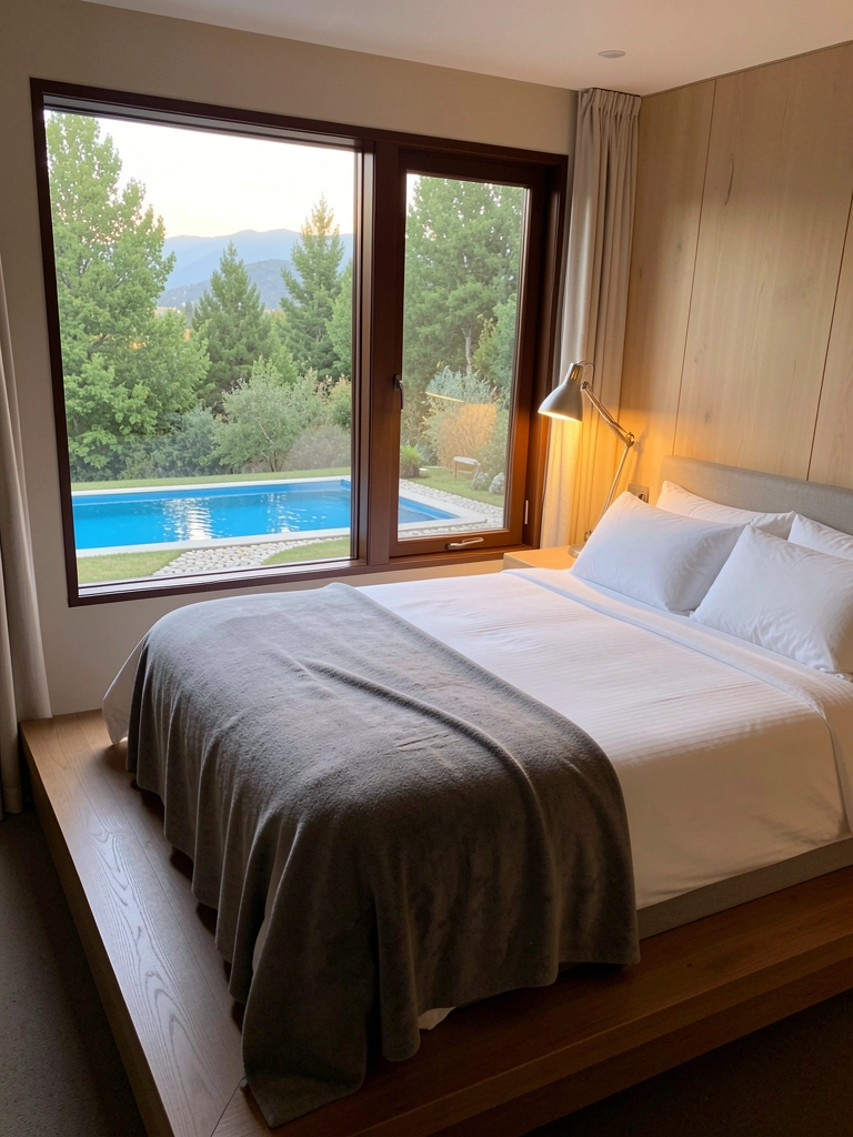 Cama king-size com roupa de cama branca e manta cinza, janela com moldura escura, luminária de mesa e piscina ao fundo.