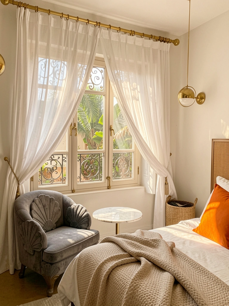 Cortinas brancas esvoaçantes em janela veneziana com ferragens douradas, poltrona cinza estofada e mesa redonda de mármore ao lado da cama.