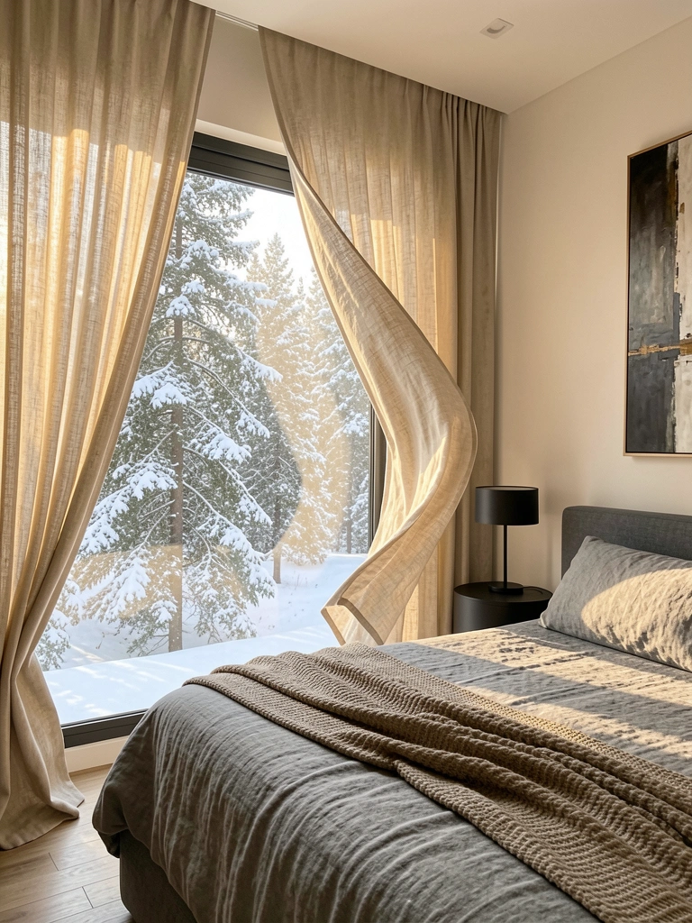 Cortinas de linho bege balançam com a brisa em quarto com cama cinza, mesa redonda preta e pintura abstrata, luz natural entrando pela janela com vista para floresta nevada.