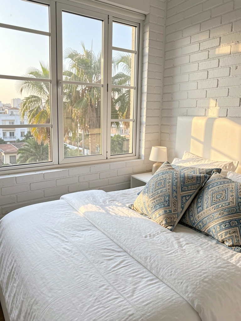 Cama branca com edredom e almofadas azuis e beges, janela de alumínio com vista para palmeiras e prédios, parede de tijolos brancos e abajur moderno ao lado.