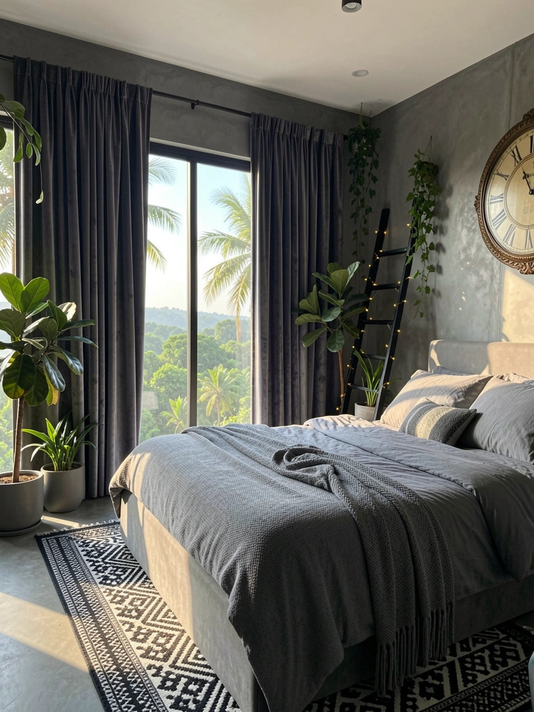 Cama cinza com manta texturizada, cortinas de veludo escuro e vista panorâmica verde pela janela, luz do sol entrando.