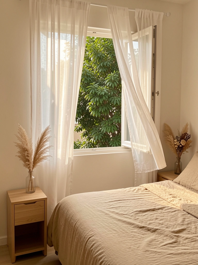 Cama bege e criado-mudo de madeira clara, com arranjo de pampas secos e vasinho, cortinas brancas transparentes e janela aberta para vegetação verde, banhados por luz natural.