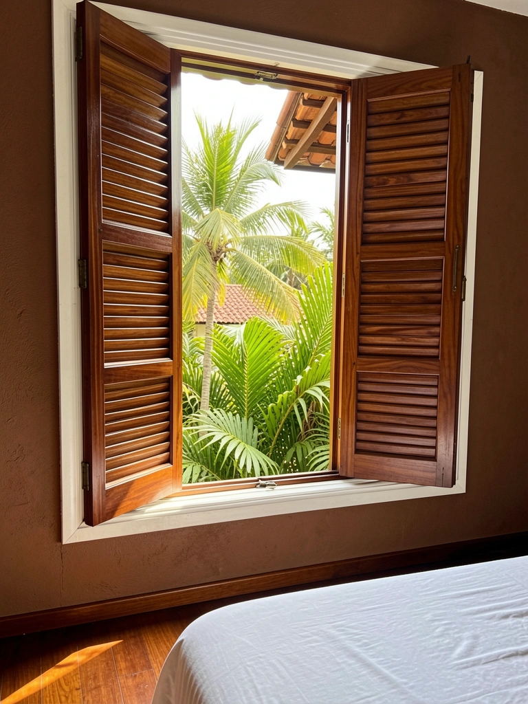 Janela de madeira escura com venezianas entreabertas, vista para palmeiras e folhagens sob luz natural, lençol branco no primeiro plano e chão de madeira polido.
