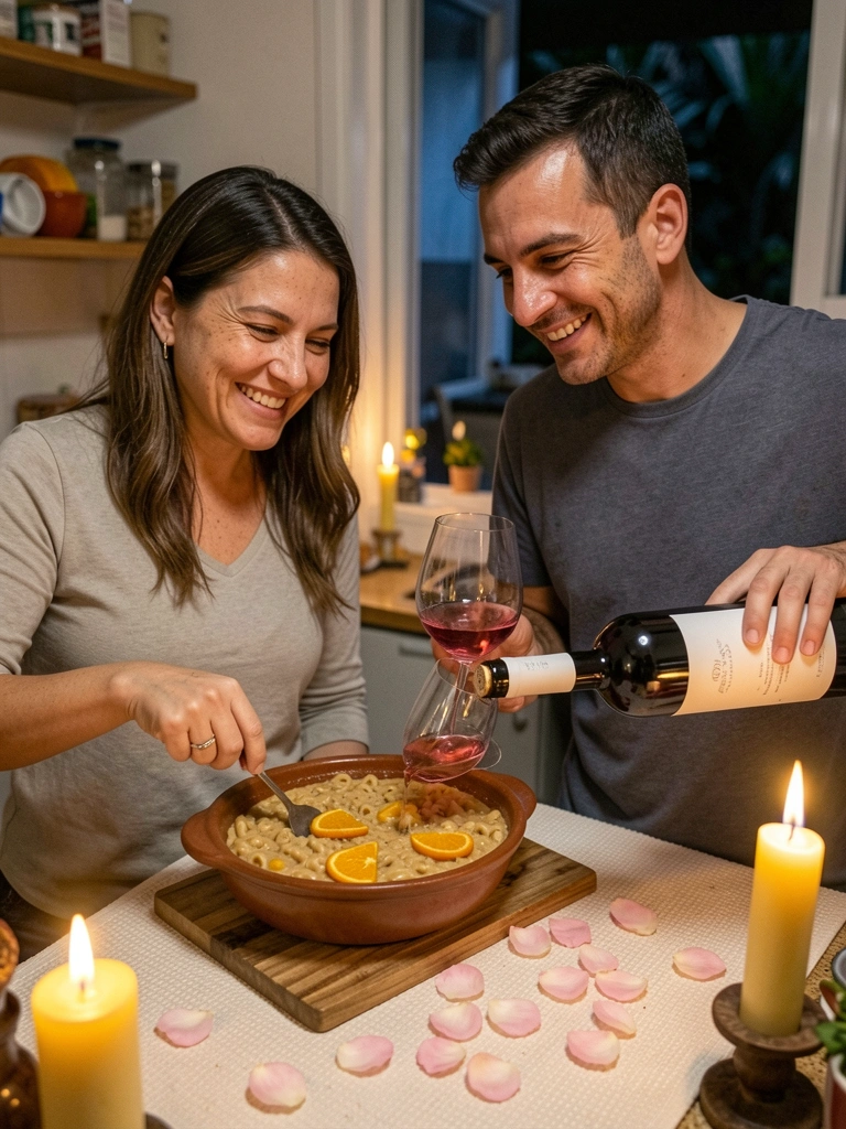 Casal prepara refeição lado a lado em bancada de cozinha, com taças de vinho e luz quente ao fundo