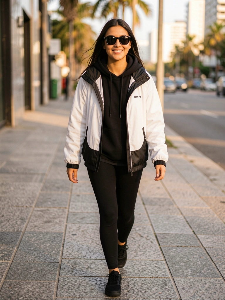 Mulher com jaqueta corta vento branca e preta, moletom preto, leggings e tênis pretos, andando em calçada de pedra cinza sob luz natural, com sorriso genuíno e óculos escuros.