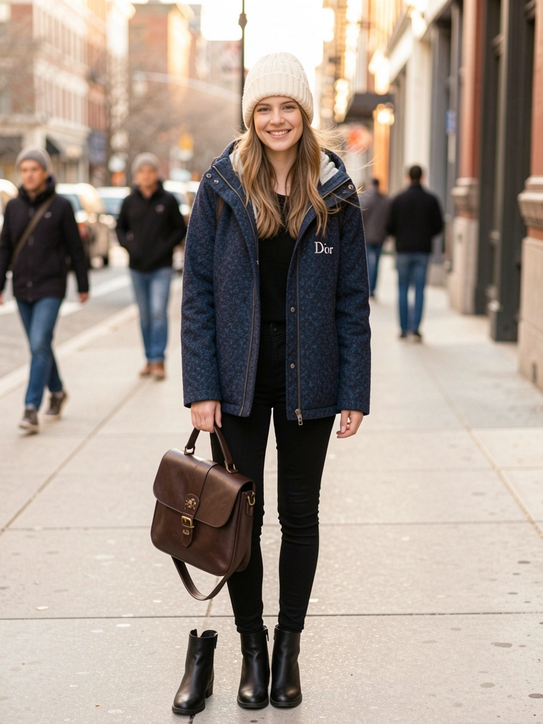 Mulher jovem com gorro de tricô creme e jaqueta Dior azul escura texturizada, calça jeans preta e botas, segurando bolsa de couro marrom com fivela decorativa, sorrindo em calçada urbana com luz natural.