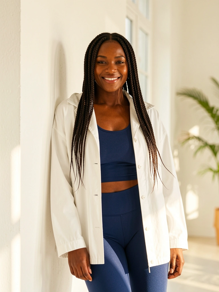 Mulher negra de tranças compridas com jaqueta branca oversized e leggings azuis, sorrindo contra parede branca em luz natural difusa.