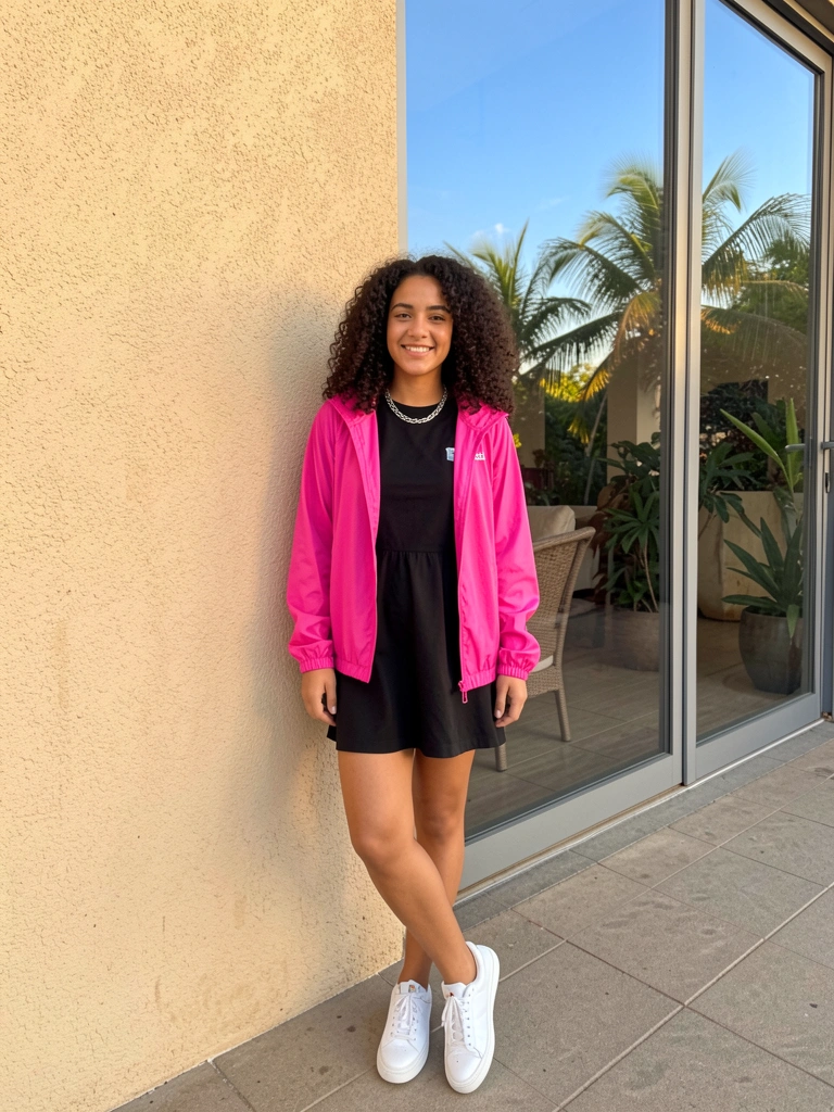 Mulher de cabelo cacheado e jaqueta corta vento rosa sobre vestido preto, colar prateado, tênis branco, em frente a parede texturizada com janela refletindo céu azul.
