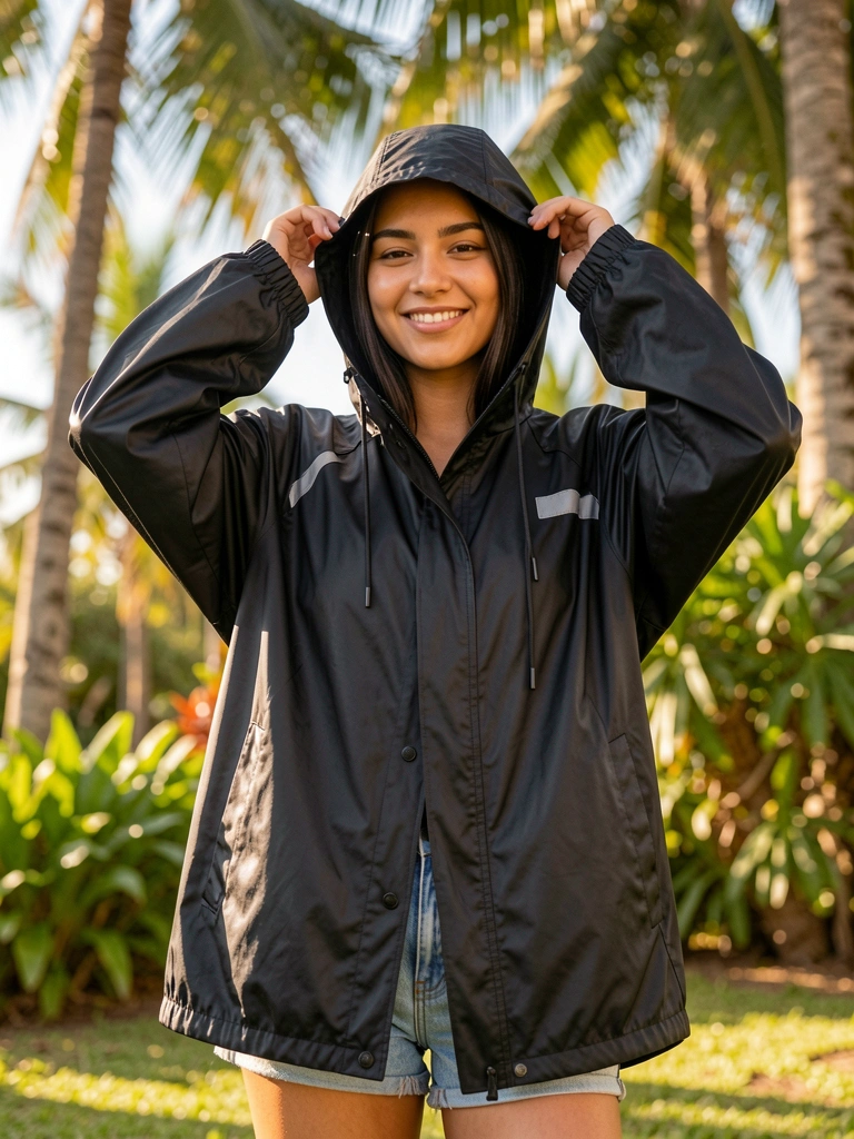Rosto de mulher com sorriso genuíno ajusta capuz preto brilhante de jaqueta corta-vento, luz natural filtra por palmeiras ao fundo.