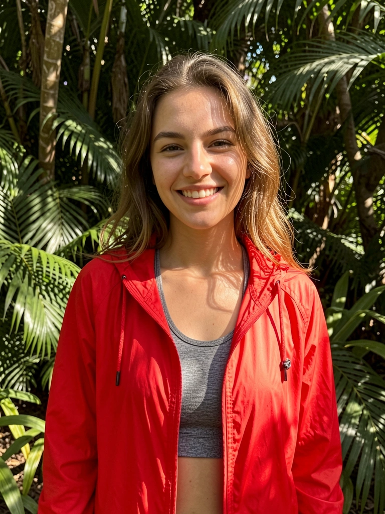 Jaqueta corta vento feminina vermelha com cordão ajustável, aberta sobre top cinza, jovem sorri em meio à folhagem tropical com luz manchada de sol.