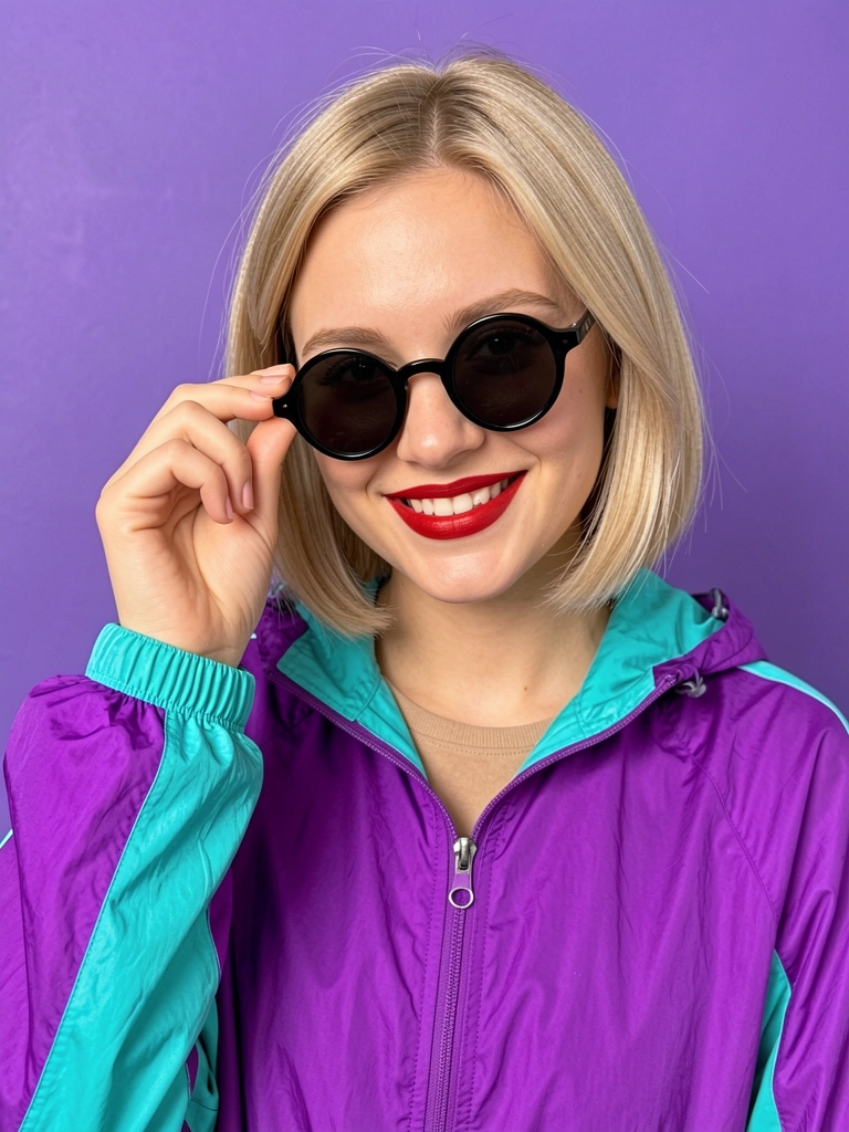 Mulher de cabelo loiro e óculos escuros redondos, sorrindo com jaqueta corta vento roxa e verde-água em fundo roxo sólido.