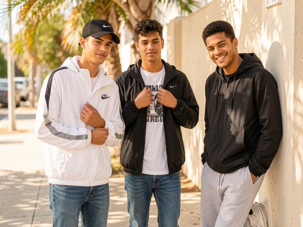 Três jovens em jaquetas corta vento e jeans, com um usando moletom cinza, sob luz solar filtrada por palmeira.