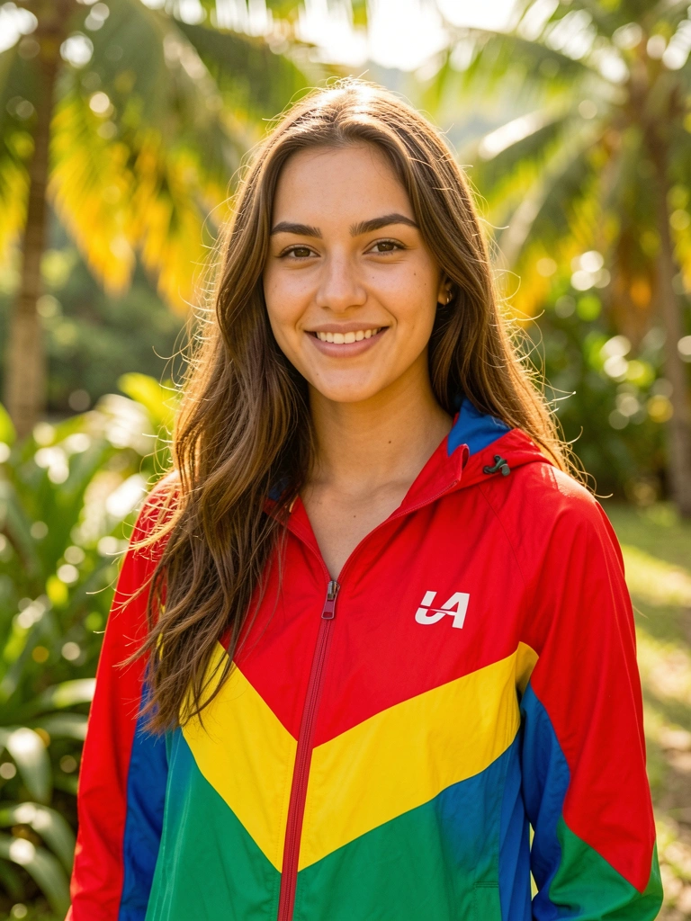 Jovem com jaqueta corta vento colorida em vermelho, azul, amarelo e verde, ao ar livre com cabelos longos e sorriso genuíno, luz dourada e vegetação tropical desfocada.