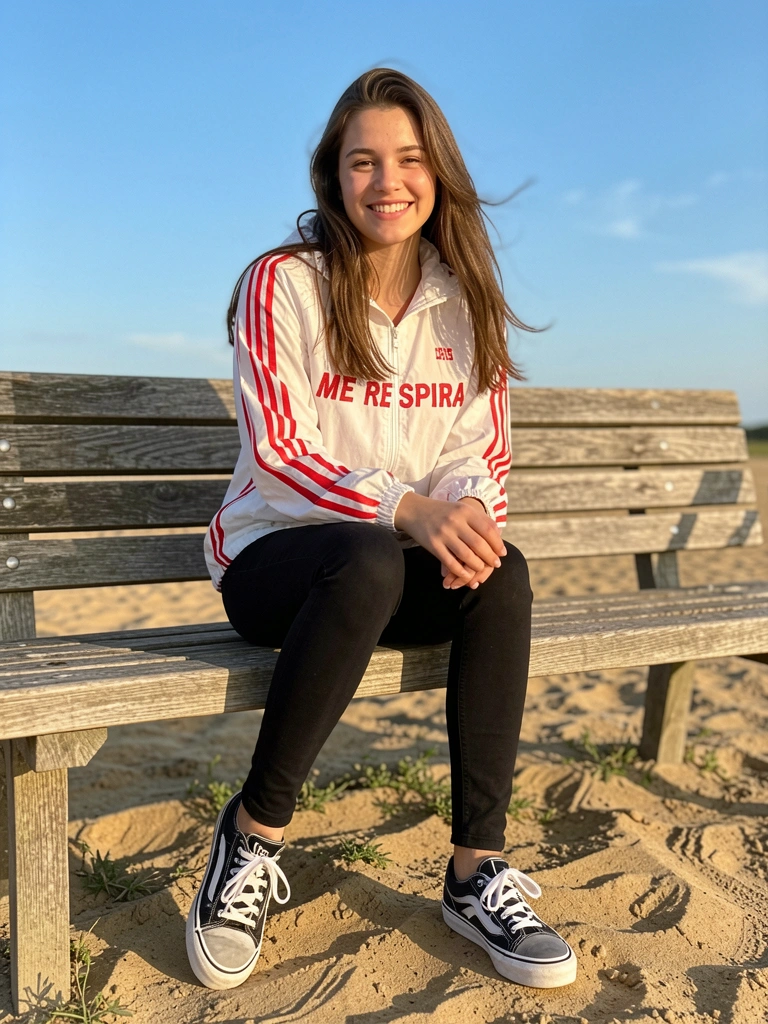 Jaqueta corta vento listrada branca e vermelha com texto ‘ME RESPIRA’, calça jeans preta e tênis Vans em banco de madeira desgastado, sob céu azul e luz natural.