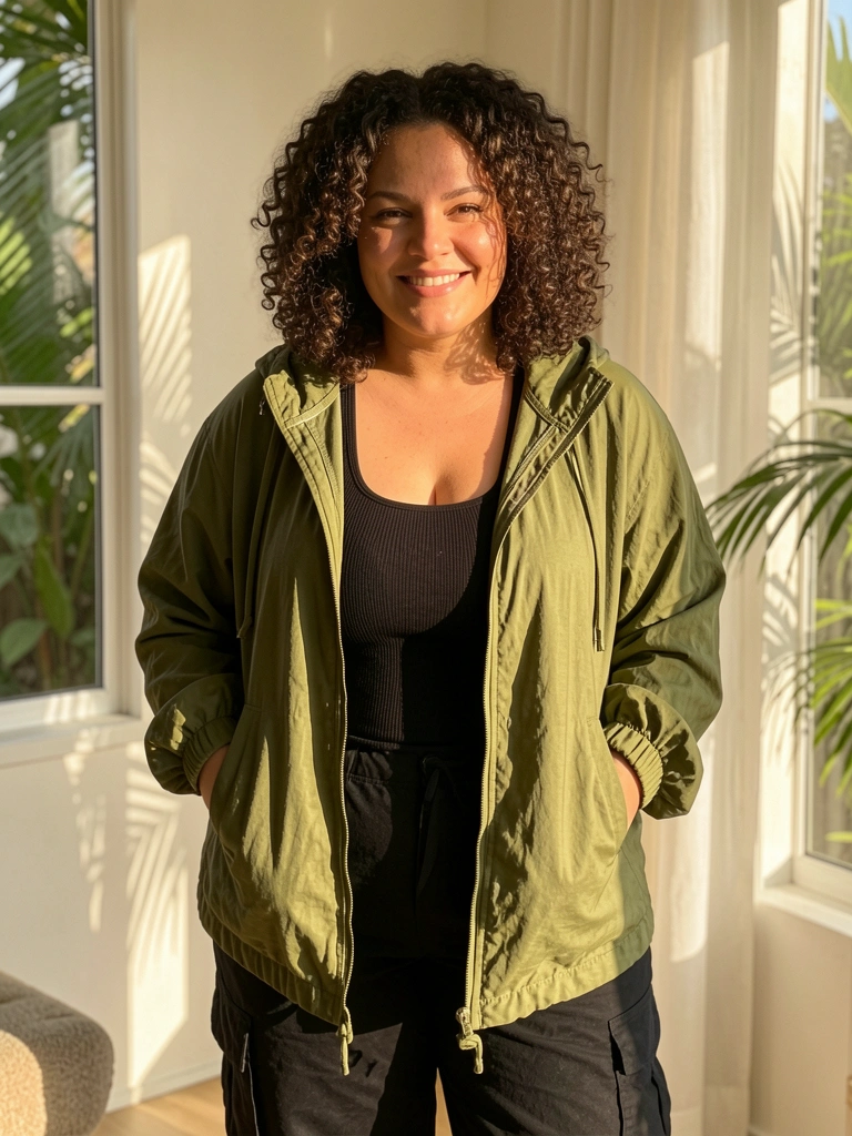 Mulher plus size com cabelos cacheados e jaqueta verde-oliva com cordão, em sala iluminada por luz natural filtrada.