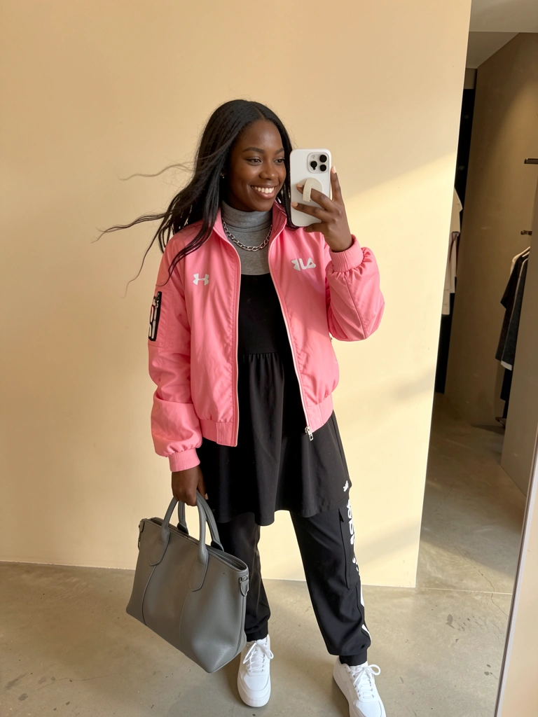 Mulher negra de jaqueta corta vento rosa e casaco cinza, segurando bolsa de couro e iPhone, em loja com parede bege e luz natural.