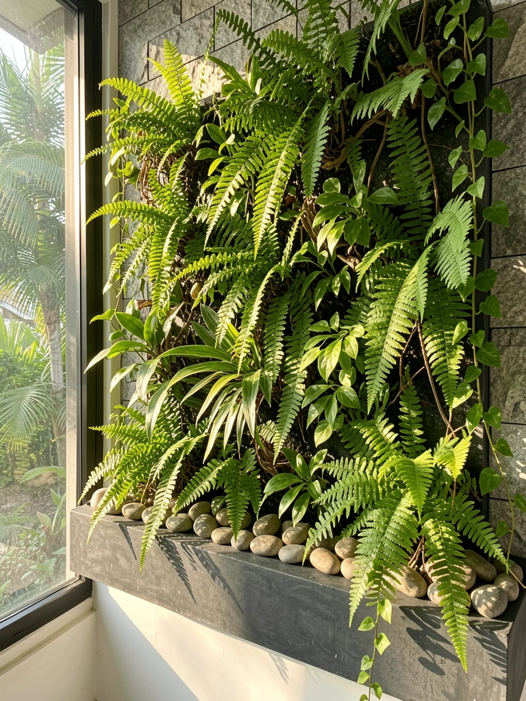 Vaso de concreto escuro com samambaias e trepadeiras pendentes em parede de pedra cinza, luz solar criando sombras nas folhas.
