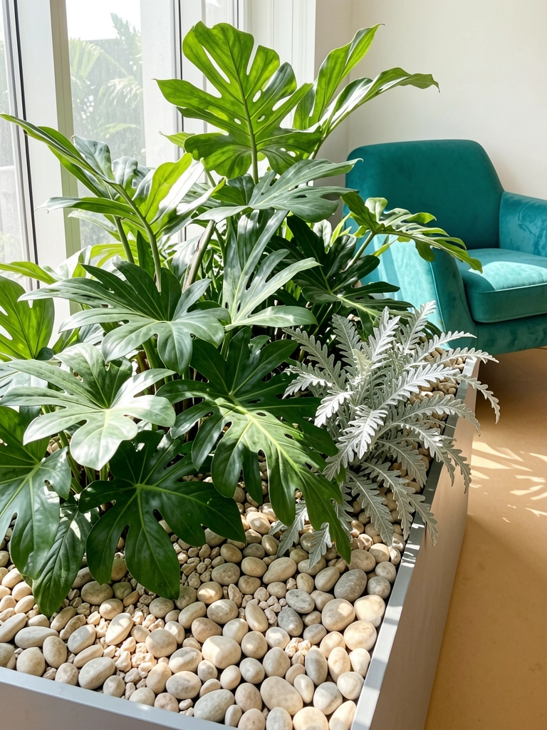 Plantas tropicais e folhagens prateadas transbordam de um jardim elevado com pedras claras, poltrona azul-petróleo ao fundo e luz difusa de janela.