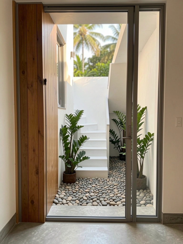 Porta de vidro com moldura de madeira e escada branca levando a pátio com seixos e plantas ZZ, luz natural destacando texturas.
