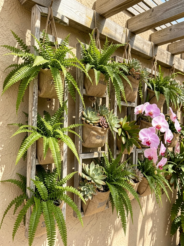 Vasos pendurados de samambaias, suculentas e orquídeas rosa em molduras de madeira rústica com juta, contra parede bege texturizada com sombras de pérgula.