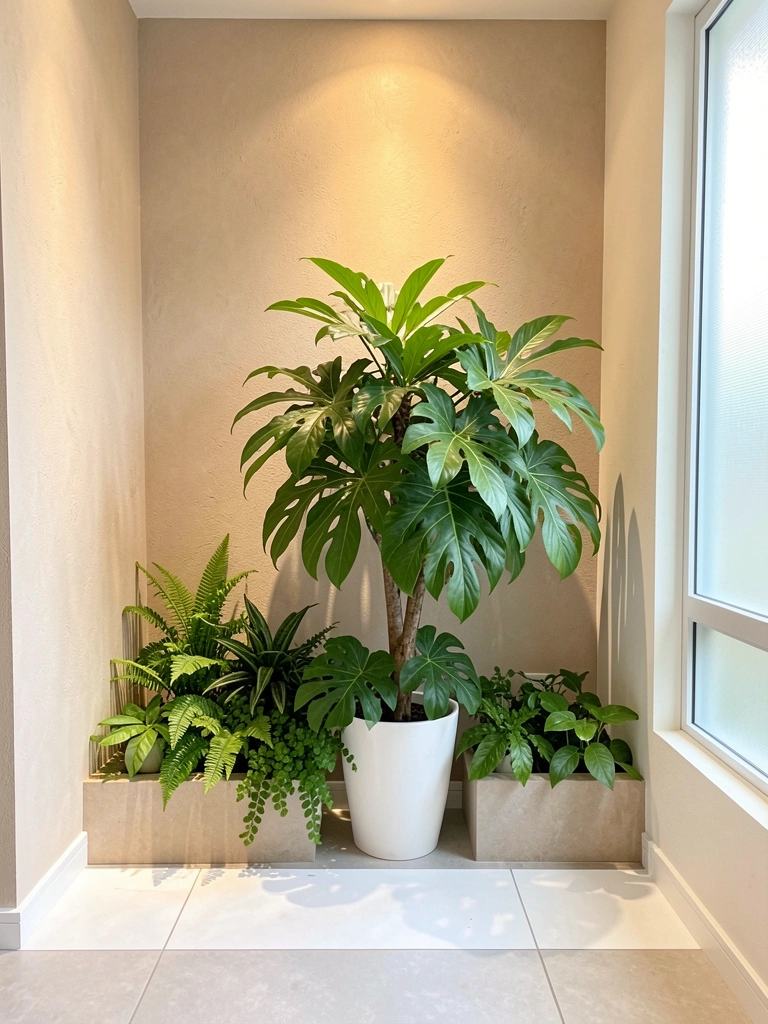 Textura de parede bege iluminada por luz quente, com grande planta verde em vaso branco e folhagens menores em jardineira, piso claro com faixa branca e janela de vidro fosco à direita.