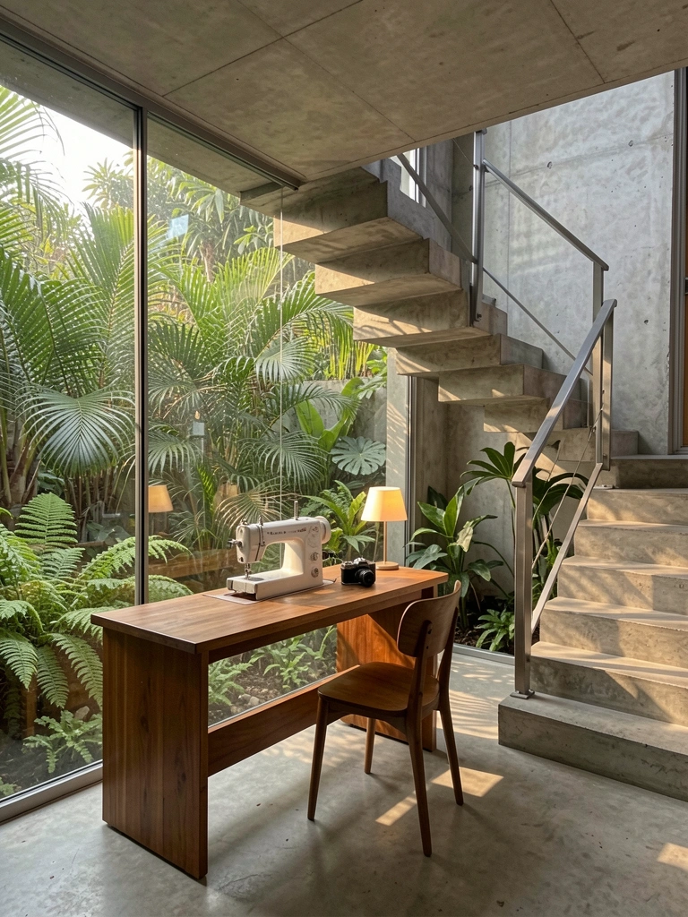 Grande parede de vidro com jardim tropical, mesa de madeira com máquina de costura, escada de concreto e luminária acesa.