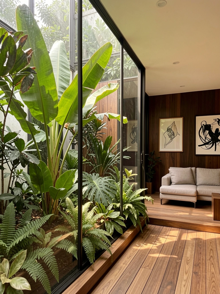 Folhas de bananeira e samambaias em jardim interno de vidro, luz natural filtrada sobre sofá e piso de madeira.
