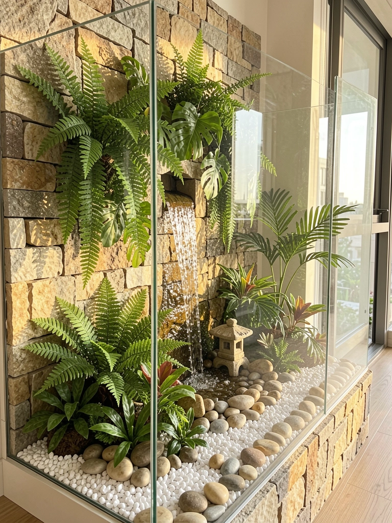 Parede de pedra com vidro, plantas verdes, cascata, lanterninha e pedrinhas brancas sob luz natural.