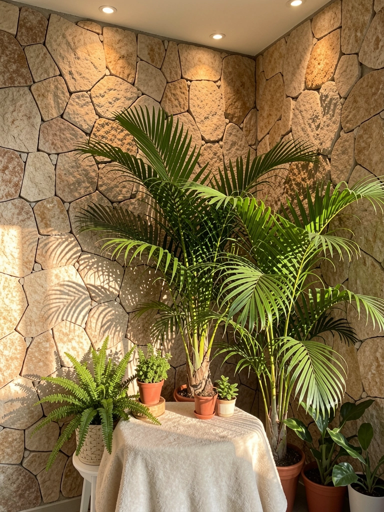Parede de pedra texturizada com luz direcional quente, palmeiras verdes e vasos em um nicho, mesa branca com tecido claro.