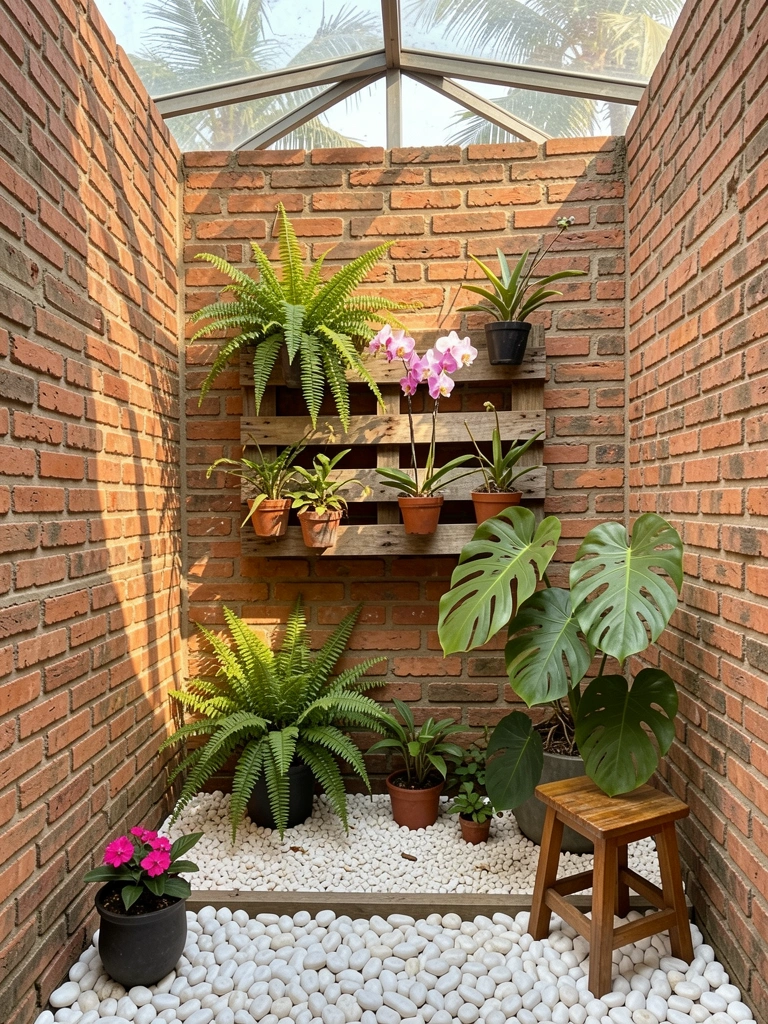 Parede de tijolos expostos com pallet de madeira e vasos de samambaia, orquídea e costela-de-adão sob claraboia, chão de pedriscos brancos.