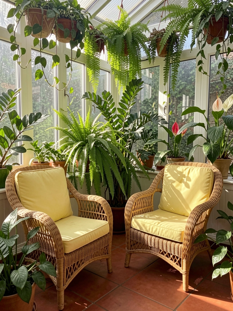 Poltronas de vime com almofadas amarelo-claro em estufa ensolarada, samambaias e lírios-da-paz pendentes nas janelas, piso vermelho-acastanhado.