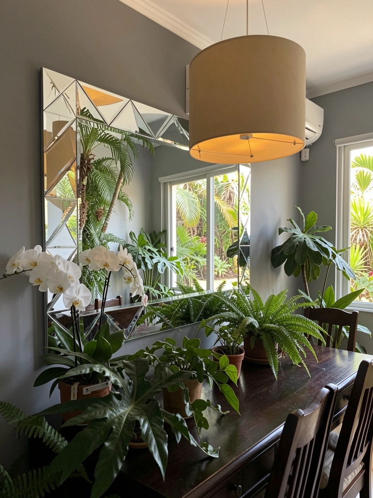 Espelho retangular com moldura geométrica reflete jardim tropical com samambaias e palmeiras, mesa de madeira escura e cadeiras embaixo, pendente bege grande, orquídeas brancas e folhagens em aparador escuro, parede cinza e ar condicionado.