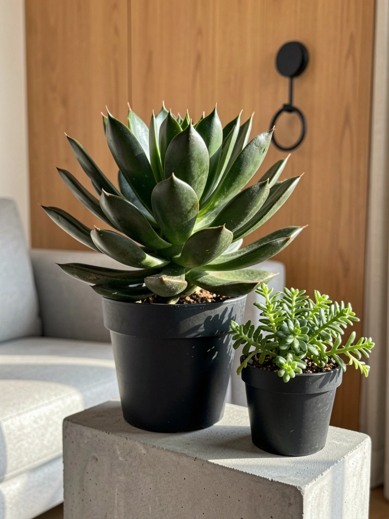 Vaso preto com suculenta verde-escura sobre pedestal de concreto cinza, ao lado de vaso menor com folhagem, sofá cinza e painel de madeira ao fundo, luz natural com sombras suaves.