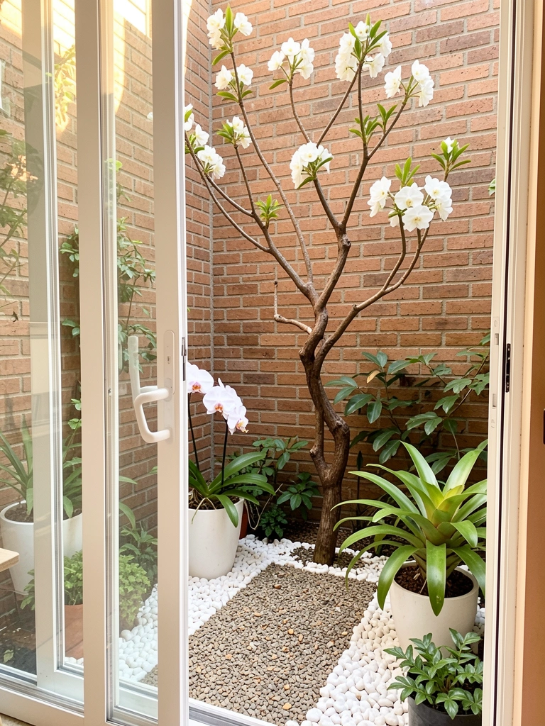 Pátio interno com parede de tijolos, cascalho branco, orquídea grande em vaso branco e árvore de flores brancas iluminados por luz natural através de porta de vidro.