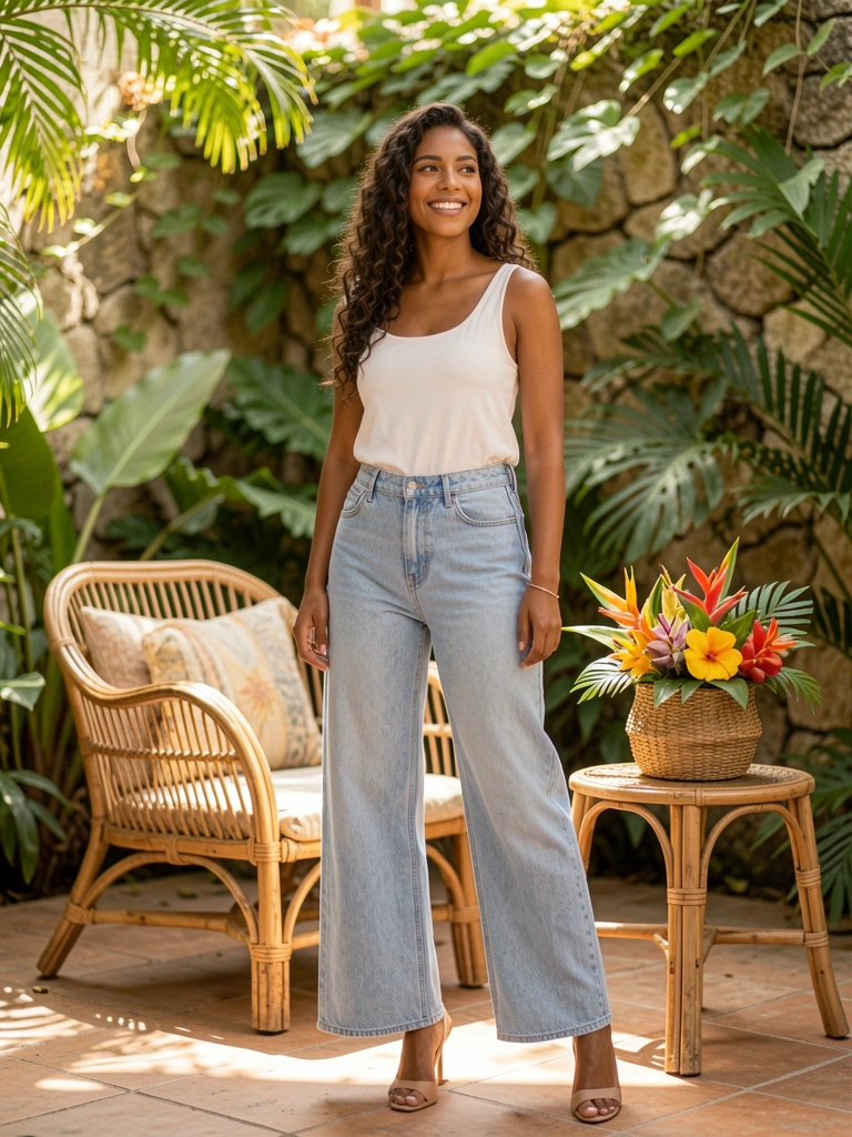 Brasileira de sorriso genuíno em jardineira jeans azul claro, pátio com poltrona de rattan, cesto com flores tropicais e luz dourada difusa.