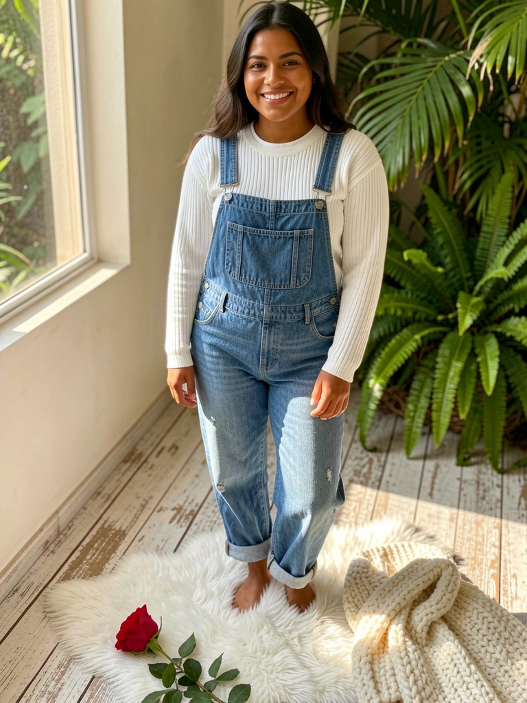 Jovem em macacão jeans e suéter branco sobre carpete felpudo, com rosa vermelha e tricô creme espalhados, luz natural de janela.