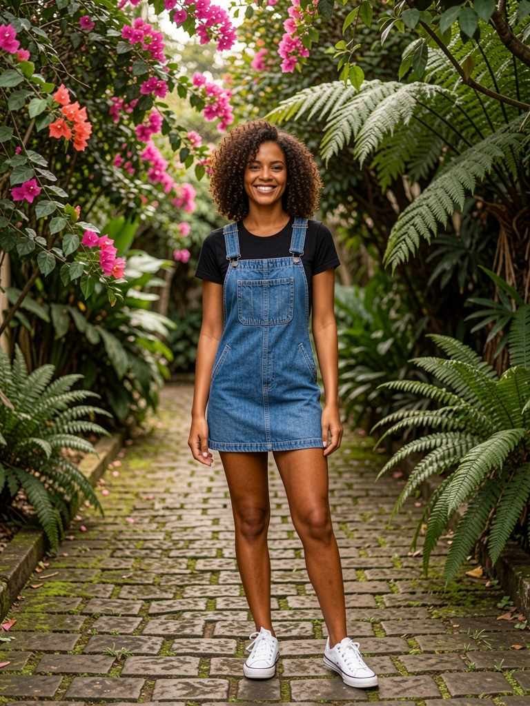 Mulher brasileira de pele morena, cabelos crespos e vestido jeans com camiseta preta em caminho de pedras com vegetação exuberante e bougainvilles, luz difusa e folhagem ao fundo.