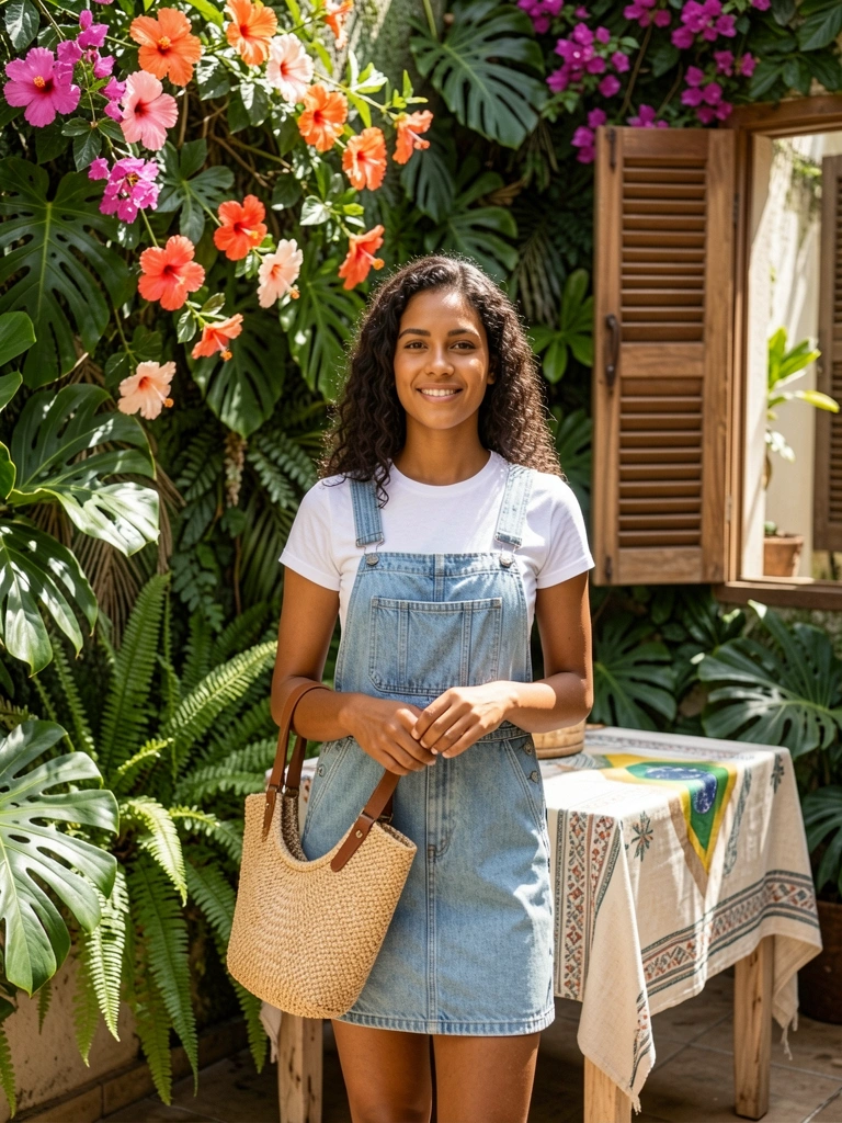 Mulher jovem de pele morena com vestido jeans claro e camiseta branca em pátio com parede verde de hibiscos e samambaias, mesa rústica com toalha de linho e luz natural entrando por veneziana de madeira.