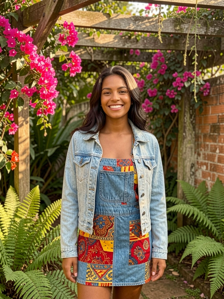 Jovem sorrindo em macacão jeans com remendos coloridos, jardim com bougainvillea e pergolado de madeira, luz dourada de fim de tarde.