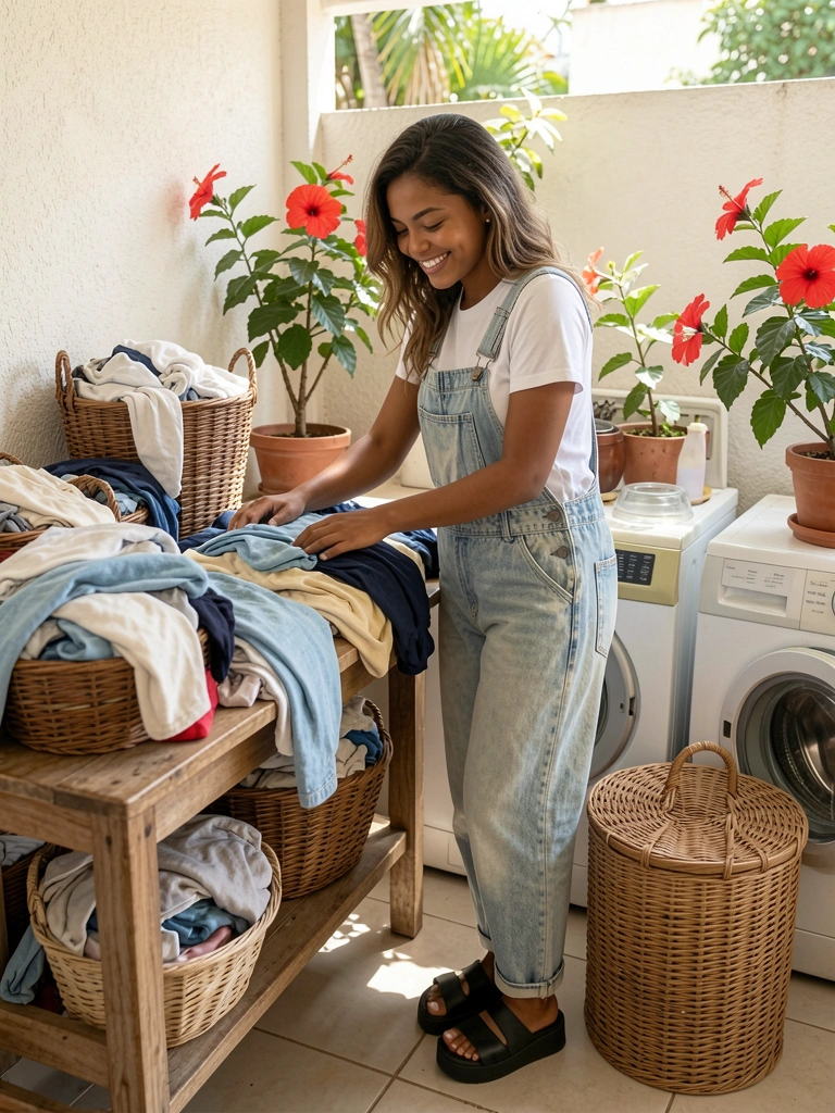 Jovem mulher em macacão jeans e camiseta branca dobra roupas em mesa rústica de madeira, com cestos de vime e lavadora antiga, luz natural suave.