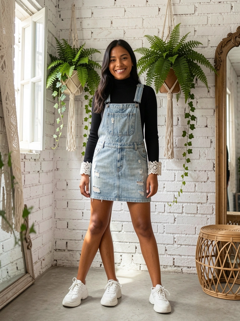 Jovem em macacão jeans com renda nos punhos, parede de tijolos brancos, samambaias em macramê, luz natural suave.
