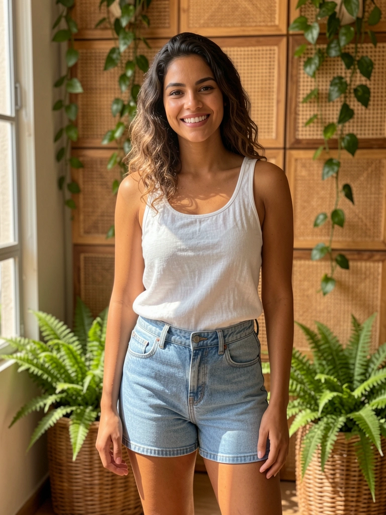 Jovem brasileira sorrindo em jardineira jeans e regata de linho, fundo de rattan com samambaias e cesto de vime, luz natural suave.