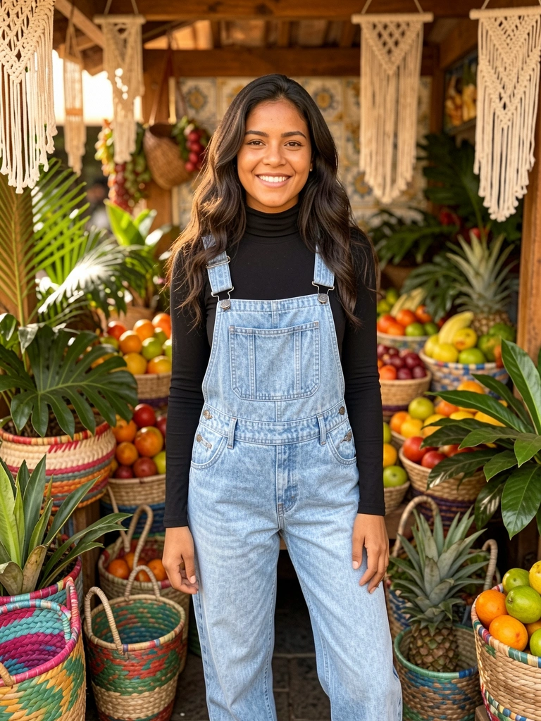 Jovem de macacão jeans azul claro com gola alta preta em banca de mercado com cestos, frutas e plantas tropicais sob luz dourada.