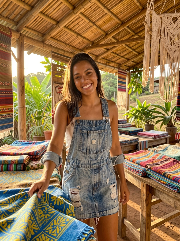 Jovem em jardineira jeans desfiada toca tecido azul e amarelo em oficina têxtil rústica com luz dourada e plantas ao fundo.