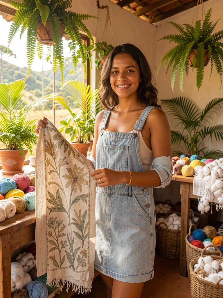 Jovem com vestido jeans segurando tecido de linho em ateliê iluminado por luz natural, com plantas, cestos e novelos de lã.