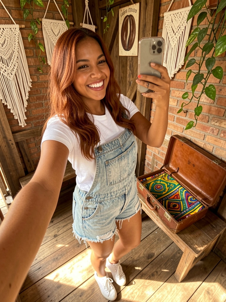 Jovem de macacão jeans e tênis branco tira selfie em interior rústico com parede de tijolos, macramê e malas de couro; luz natural destaca texturas.