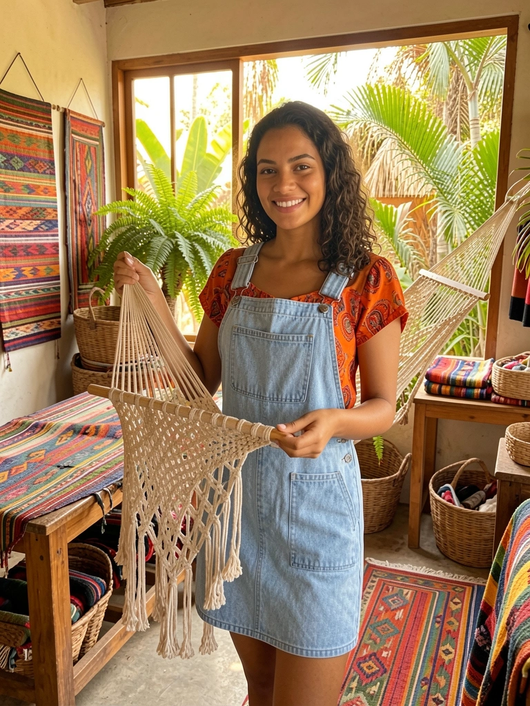 Jovem brasileira com macacão jeans azul e blusa estampada segurando rede artesanal em ateliê têxtil com tapetes coloridos, cestos e luz dourada de janela.