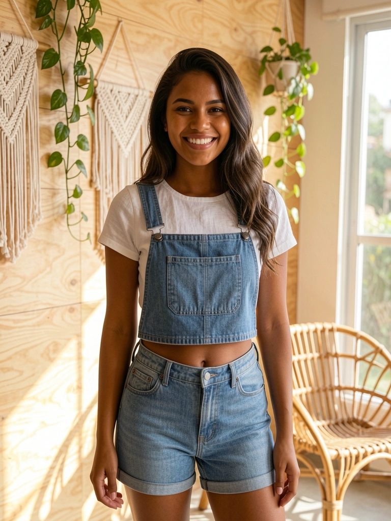 Mulher sorrindo em jardineira jeans e cropped de linho, parede de madeira clara com macramê e pothos, cadeira de rattan desfocada ao fundo, luz natural.
