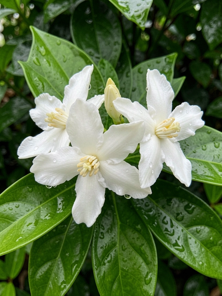 Flor branca de jasmim sambac com gotas de orvalho nas pétalas, close detalhado.