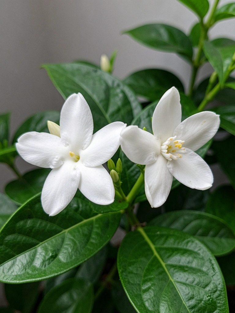 Duas flores brancas lado a lado: jasmim sambac e outra espécie, com pétalas abertas e fundo desfocado.